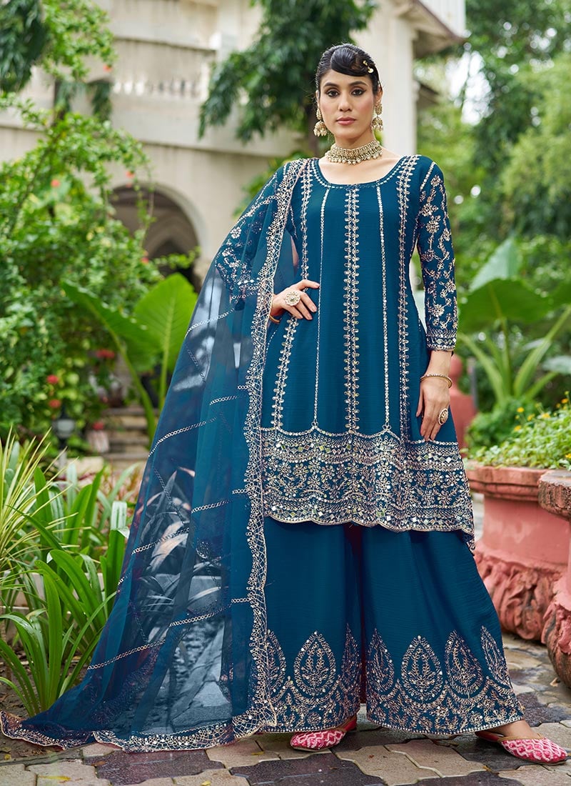 Blue Embroidered Mirror Work Chinon A Line Palazzo Suit Festive Wear