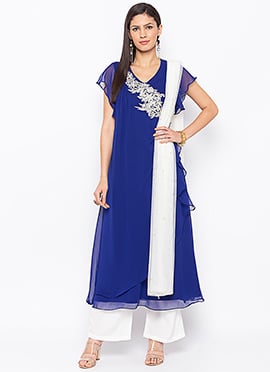 Blue Embroidered Palazzo Suit