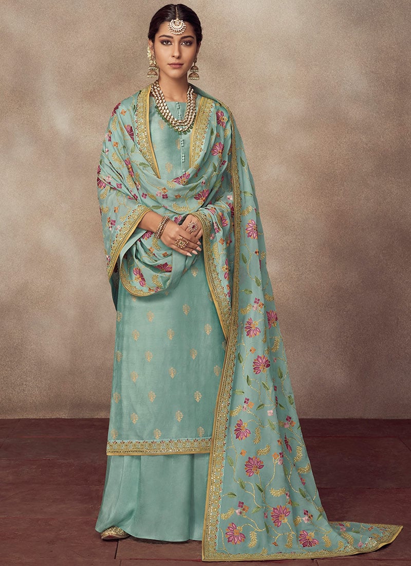 Green Embroidered Palazzo Suit After Six Wear