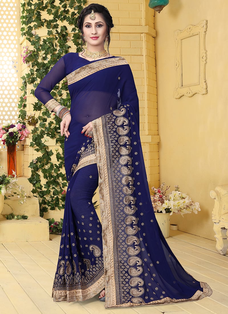 Blue Embroidered Saree Party Wear