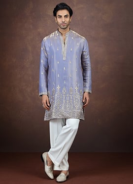 Blue Embroidered Sequined Silk Kurta Pyjama