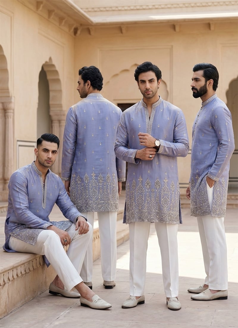 Blue Embroidered Sequined Silk Kurta Pyjama Festive Wear