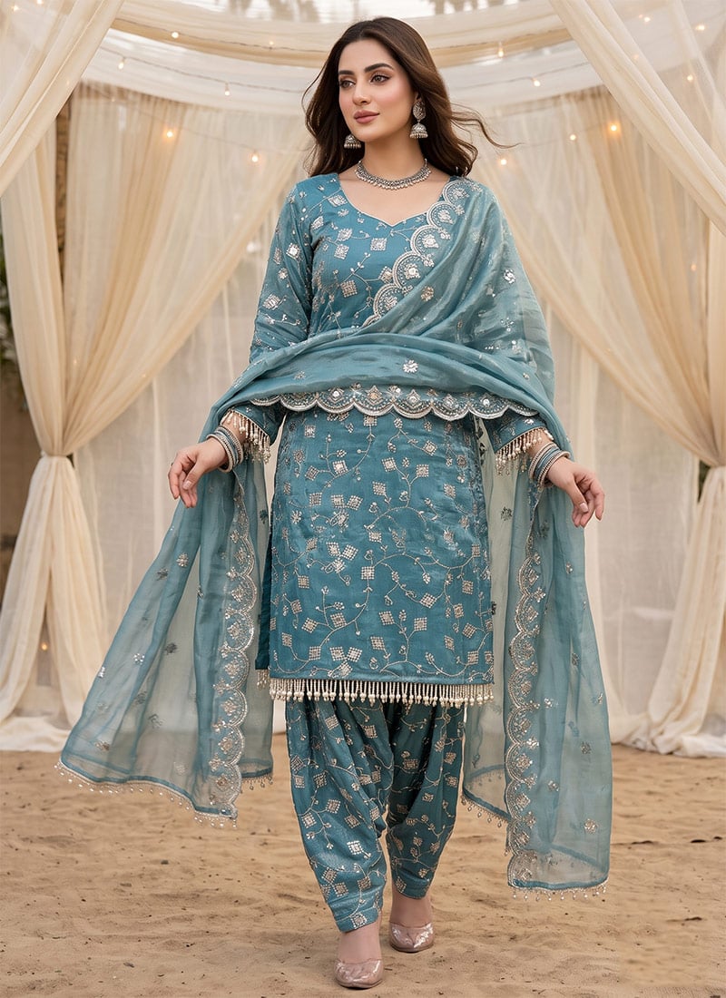 Blue Embroidered Sequins Silk Dhoti Salwar Suit Festive Wear