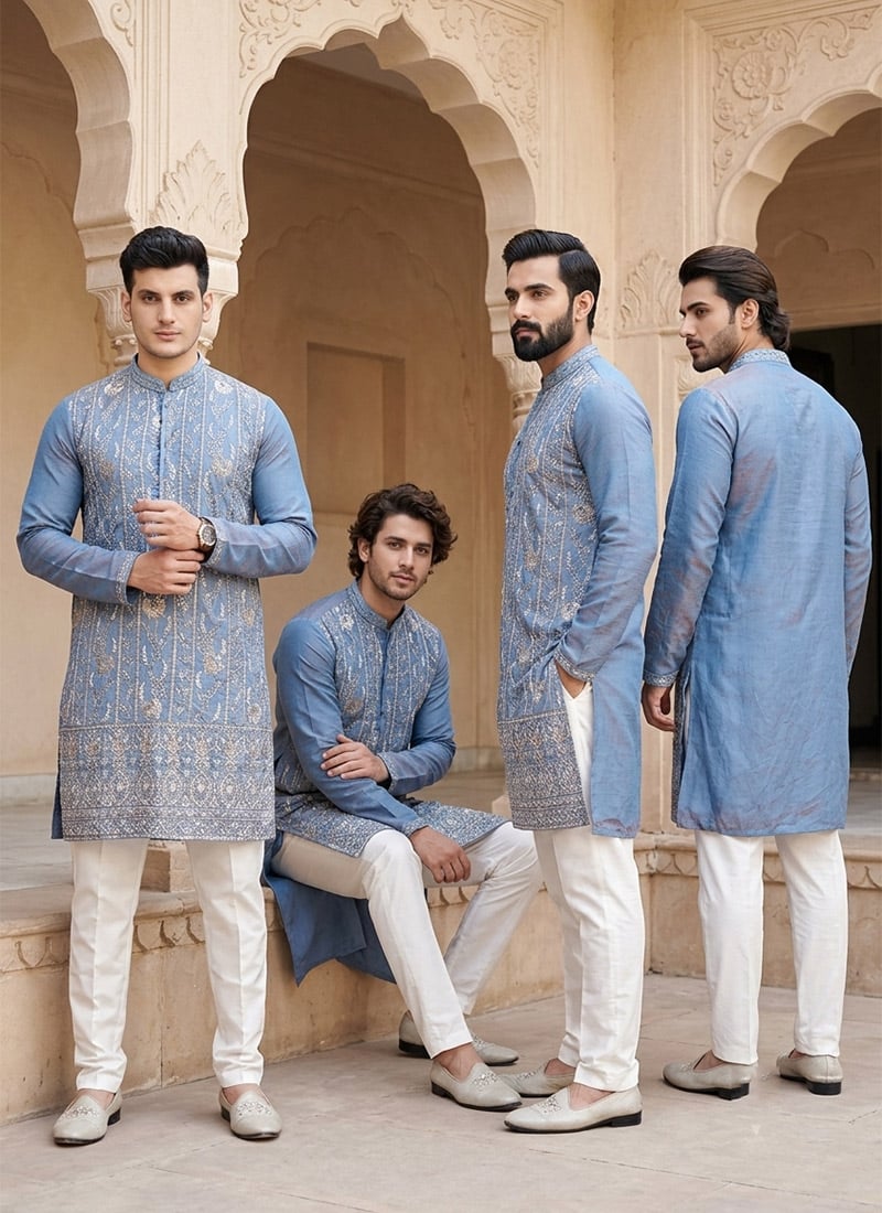 Blue Embroidered Silk Kurta Pyjama Festive Wear
