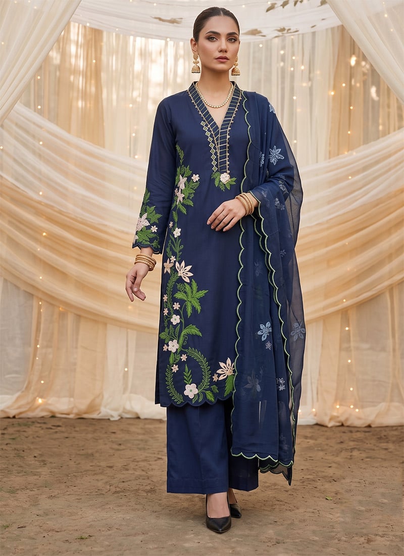 Blue Embroidered Silk Palazzo Suit Festive Wear