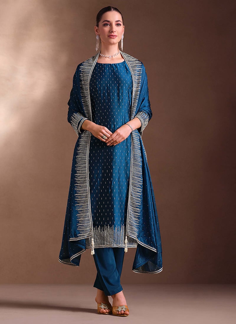 Blue Embroidered Stone Work Cotton Georgette Straight Pant Suit Festive Wear