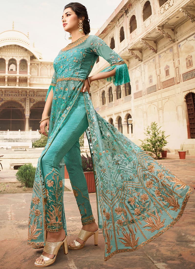 Pretty Blue Festive Wear Straight Cut Pant Style Suit
