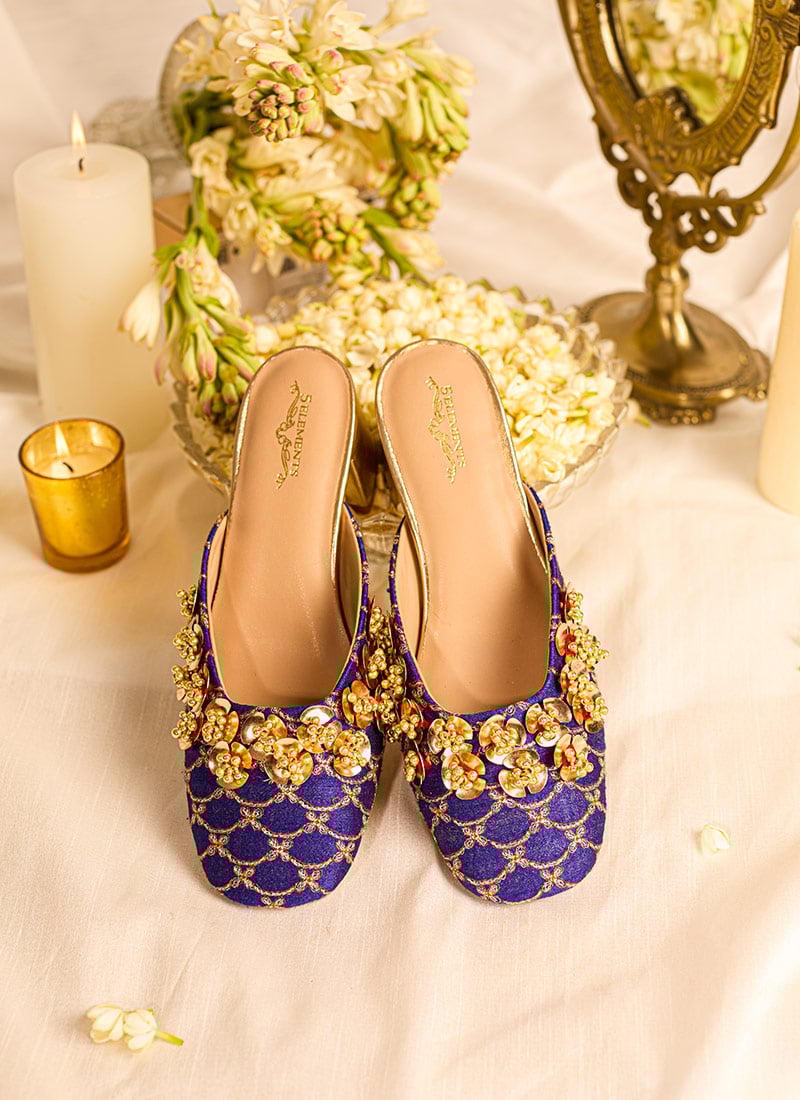 Blue Embroidered With Moti Work Heels Juti