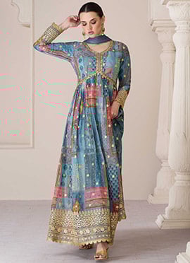 Blue Embroidery Printed Organza Silk Anarkali Suit
