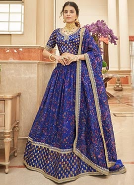 Blue Embroidery Sequins Printed Work Art Silk Umbrella Lehenga