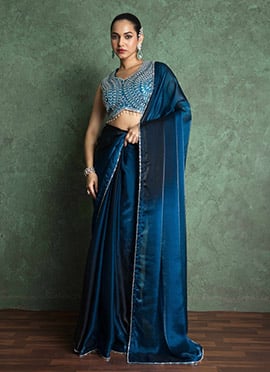 Blue Fandy Chiffon Embroidered Cutdana Saree Border