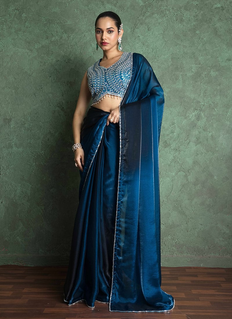 Blue Fandy Chiffon Embroidered Cutdana Saree Border Festive Wear