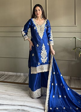 Blue Fandy Satin Embroidered Pakistani Palazzo Suit
