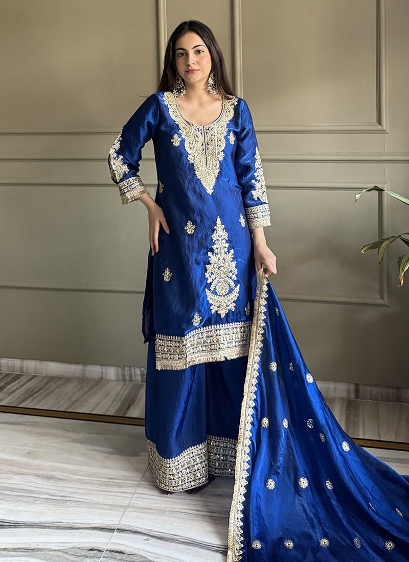 Blue Fandy Satin Embroidered Pakistani Palazzo Suit Festive Wear