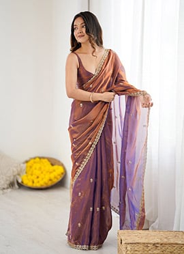 Blue Fandy Satin Embroidered Sequins Two Tone Saree