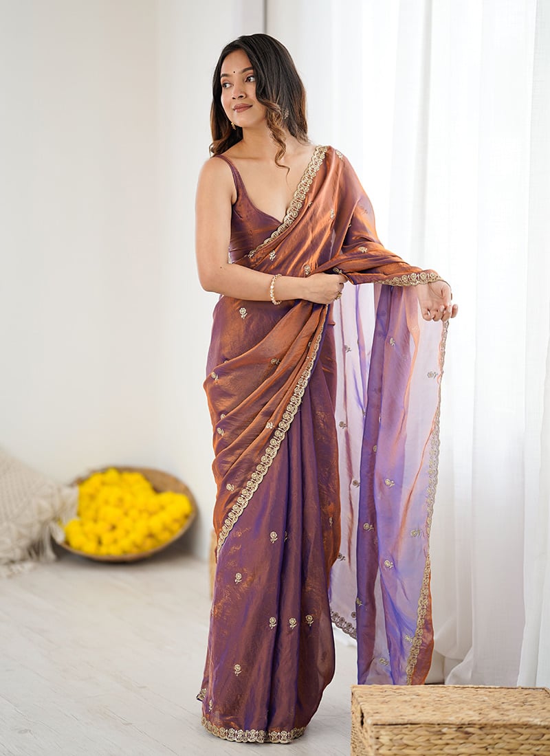 Blue Fandy Satin Embroidered Sequins Two Tone Saree After Six Wear