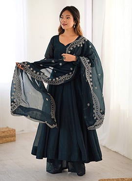Blue Fandy Silk Anarkali Suit