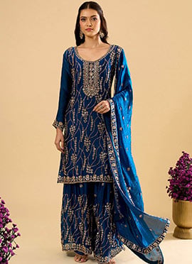 Blue Fandy Silk Embroidered Sequins Beads Palazzo Suit