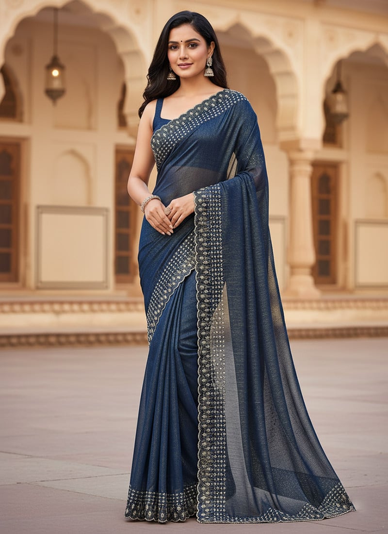 Blue Fandy Silk Stones Saree Festive Wear