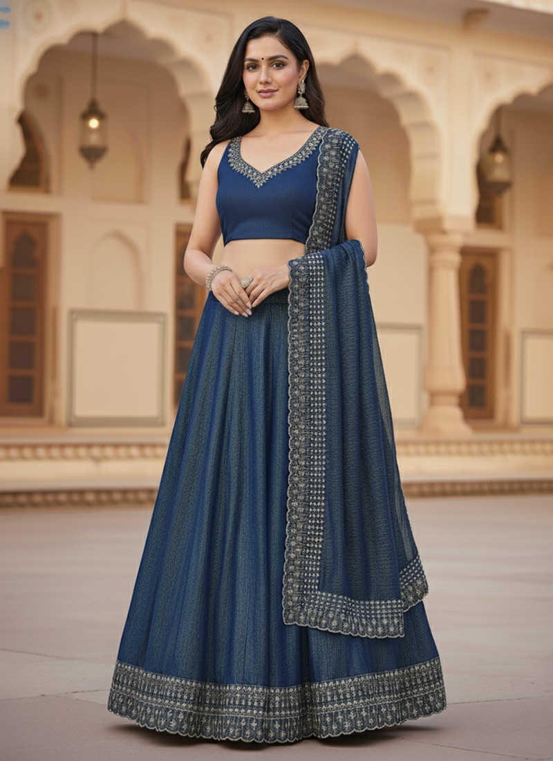 Blue Fandy Silk Stones Umbrella Lehenga Wedding Wear