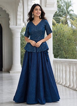 Blue Fandy Silk Tikki Work Indowestern Skirt Set