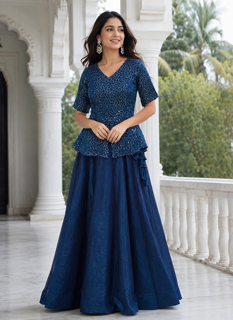 Blue Fandy Silk Tikki Work Indowestern Skirt Set Festive Wear