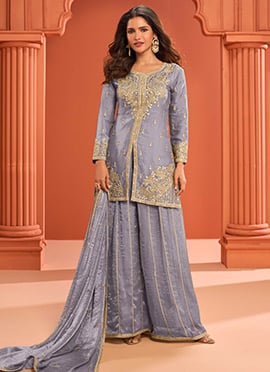 Blue Fandy Silk Zari Embroidered Sequins With Mirror Work Palazzo Suit