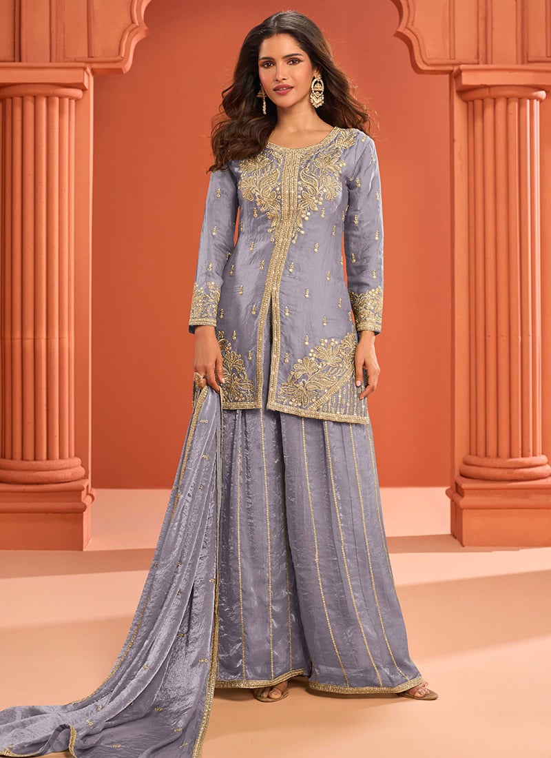 Blue Fandy Silk Zari Embroidered Sequins With Mirror Work Palazzo Suit Festive Wear