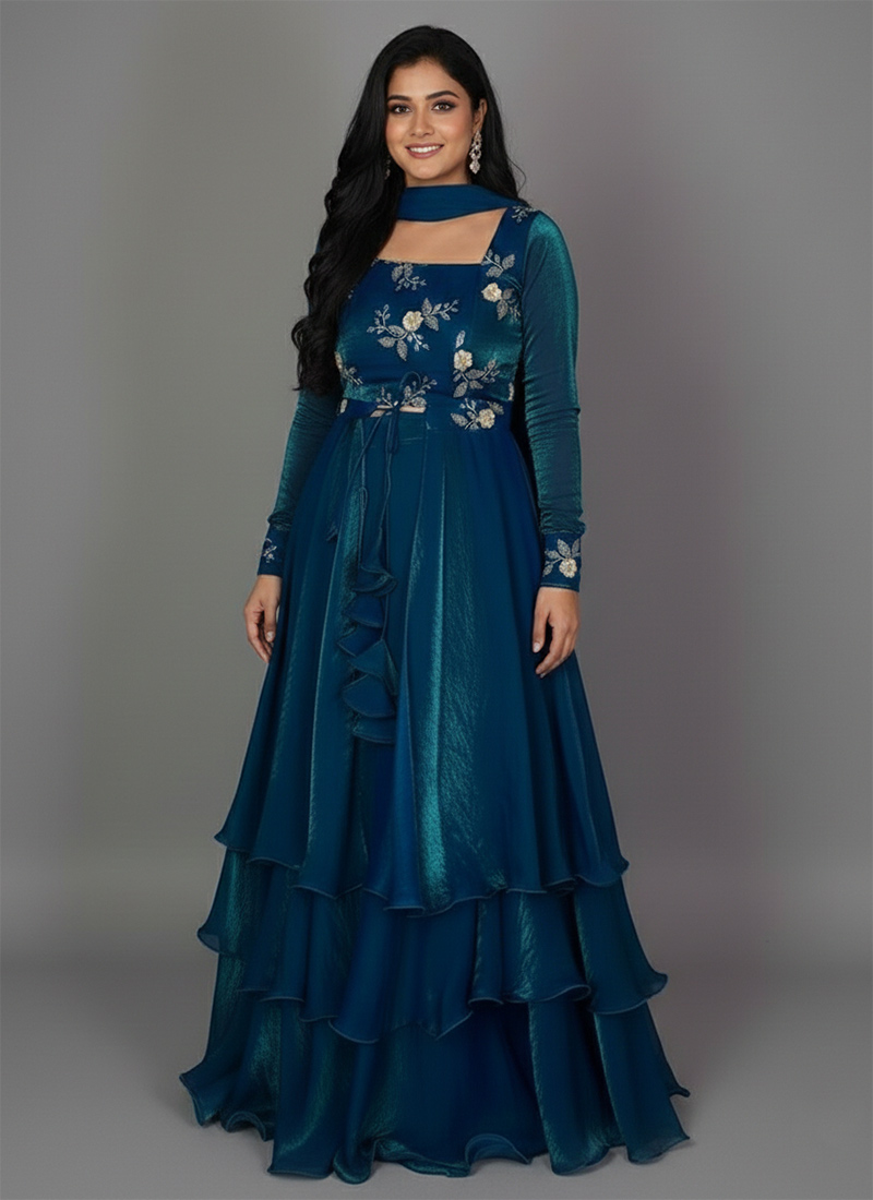 Blue Fandy Silk Zari Sequins Hand Embroidered Anarkali Lehenga Set Wedding Wear