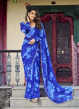Blue Faux Chiffon Floral Printed Saree With Pearl Lace Work  After Six Wear