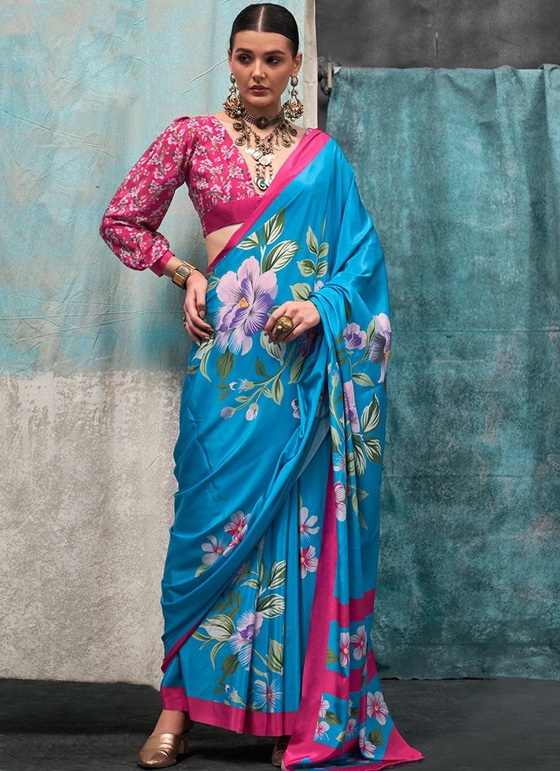 Blue Faux Crepe Digital Print Saree For Simple After Six Wear-SASLI246116010