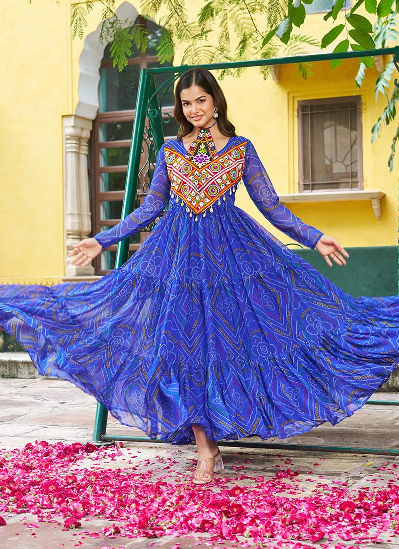 Blue Faux Georgette Anarkali Gown With Bandhani Print and Kutch Work
