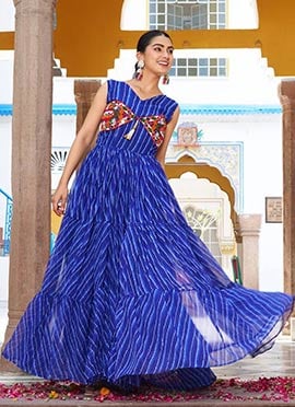 Blue Faux Georgette Anarkali Gown With Bandhini Print Festive Wear