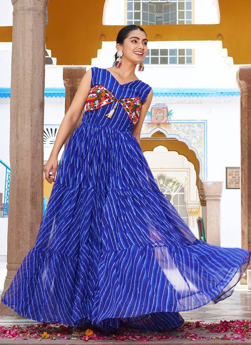 Blue Faux Georgette Anarkali Gown With Bandhini Print
