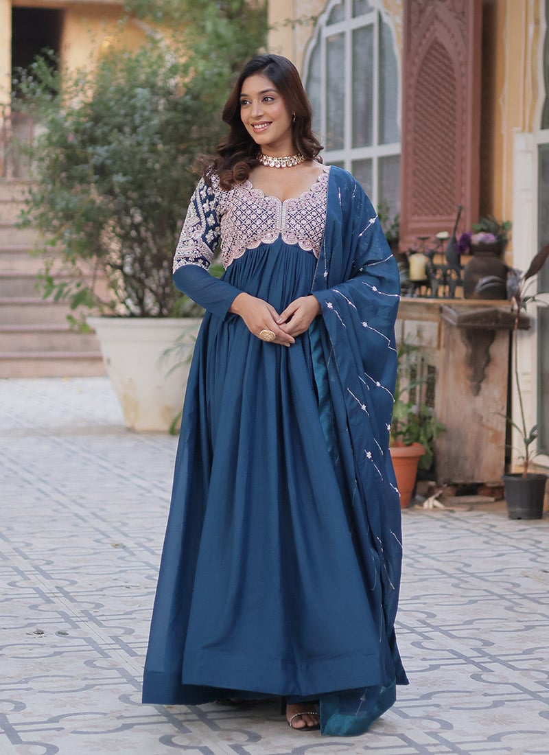 Blue Faux Georgette Anarkali Suit With Sequins