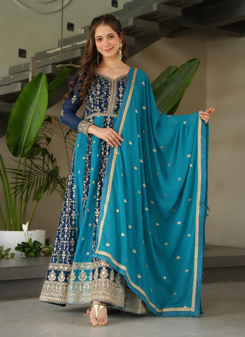 Blue Faux Georgette Anarkali Suit With Zari Sequins Embroidery