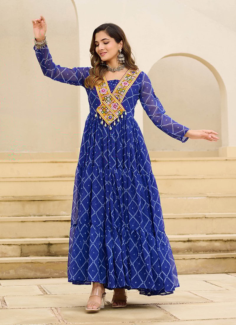 Blue Faux Georgette Bandhani Print With Kutch Patch Work Gown Festive Wear