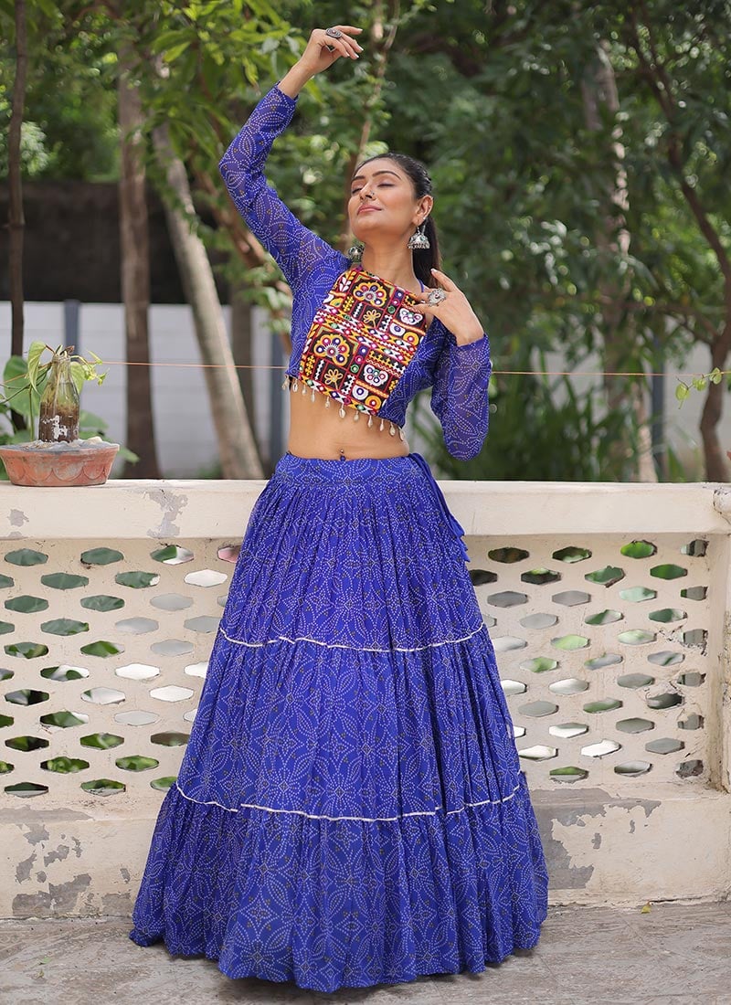 Blue Faux Georgette Bandhini Print Kutch Work Indowestern Skirt Set
