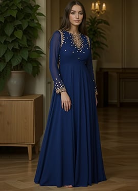 Blue Faux Georgette Beads And Hand Embroidered And Sequins Anarkali Suit