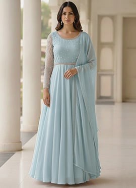 Blue Faux Georgette Beads Hand Embroidered Anarkali Suit