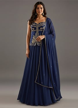Blue Faux Georgette Beads Sequins Hand Embroidered A Line Lehenga