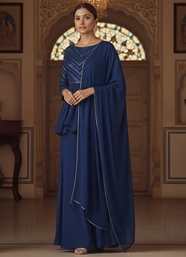 Blue Faux Georgette Beads Sequins Hand Embroidered Palazzo Suit