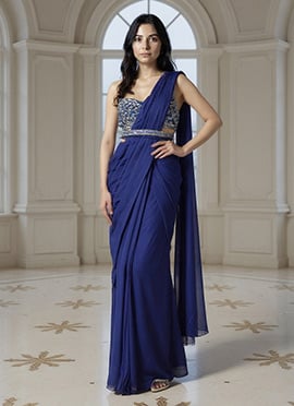 Blue Faux Georgette Cutdana Resham Sequins Hand Embroidered Lehenga Saree