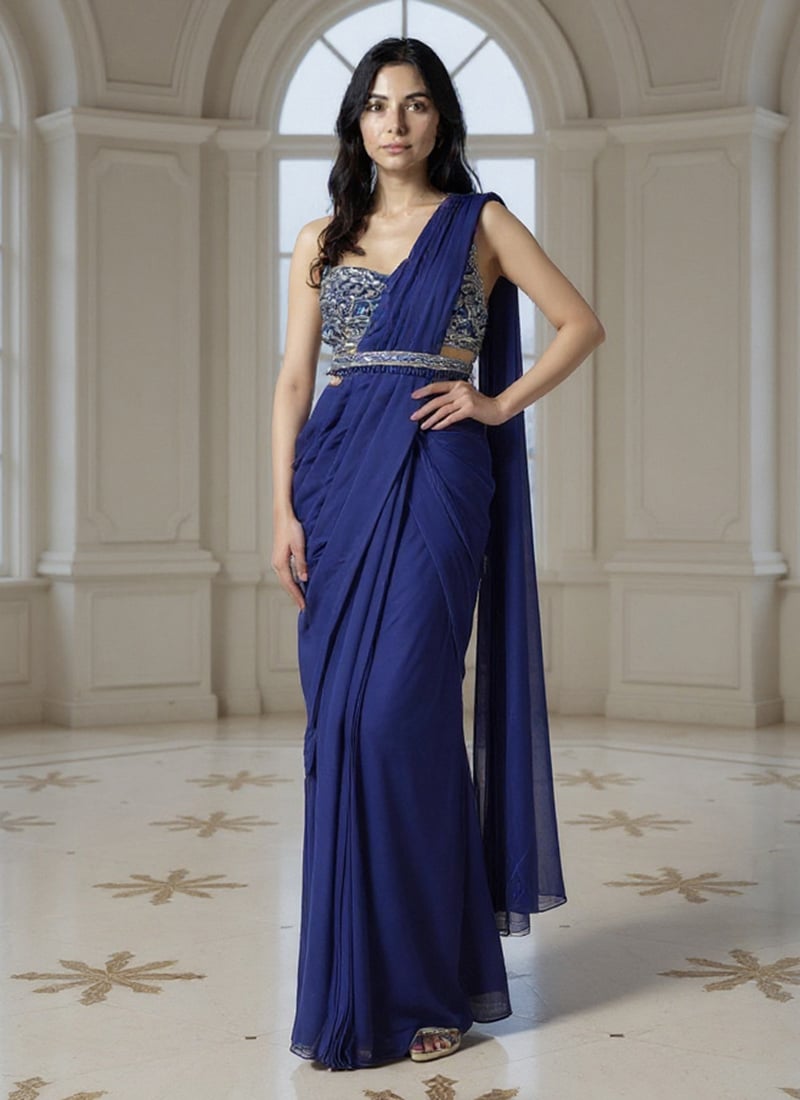 Blue Faux Georgette Cutdana Resham Sequins Hand Embroidered Lehenga Saree Wedding Wear