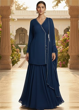 Blue Faux Georgette Cutdana Work Long Choli Lehenga