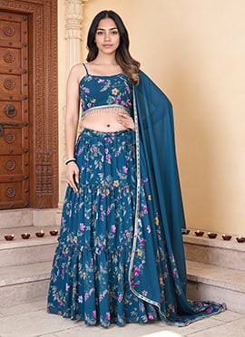 Blue Faux Georgette Digital Print A Line Lehenga