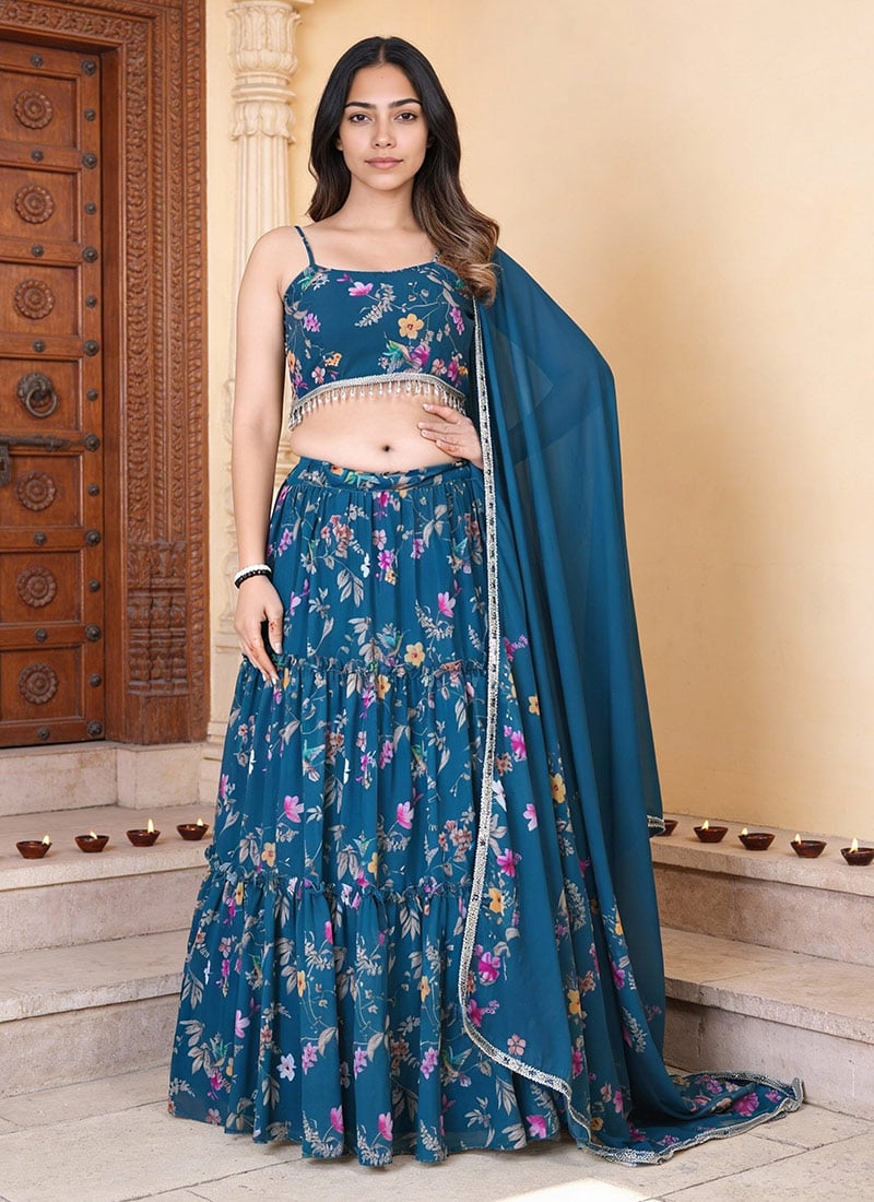 Blue Faux Georgette Digital Print A Line Lehenga Wedding Wear