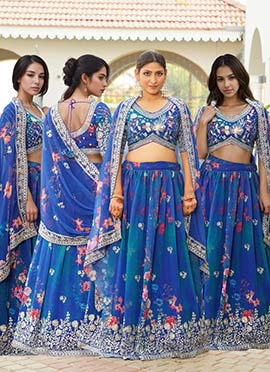 Blue Faux Georgette Digital Print Embroidered Sequins Lehenga