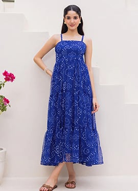 Blue Faux Georgette Digital Print Fit And Flare Dress