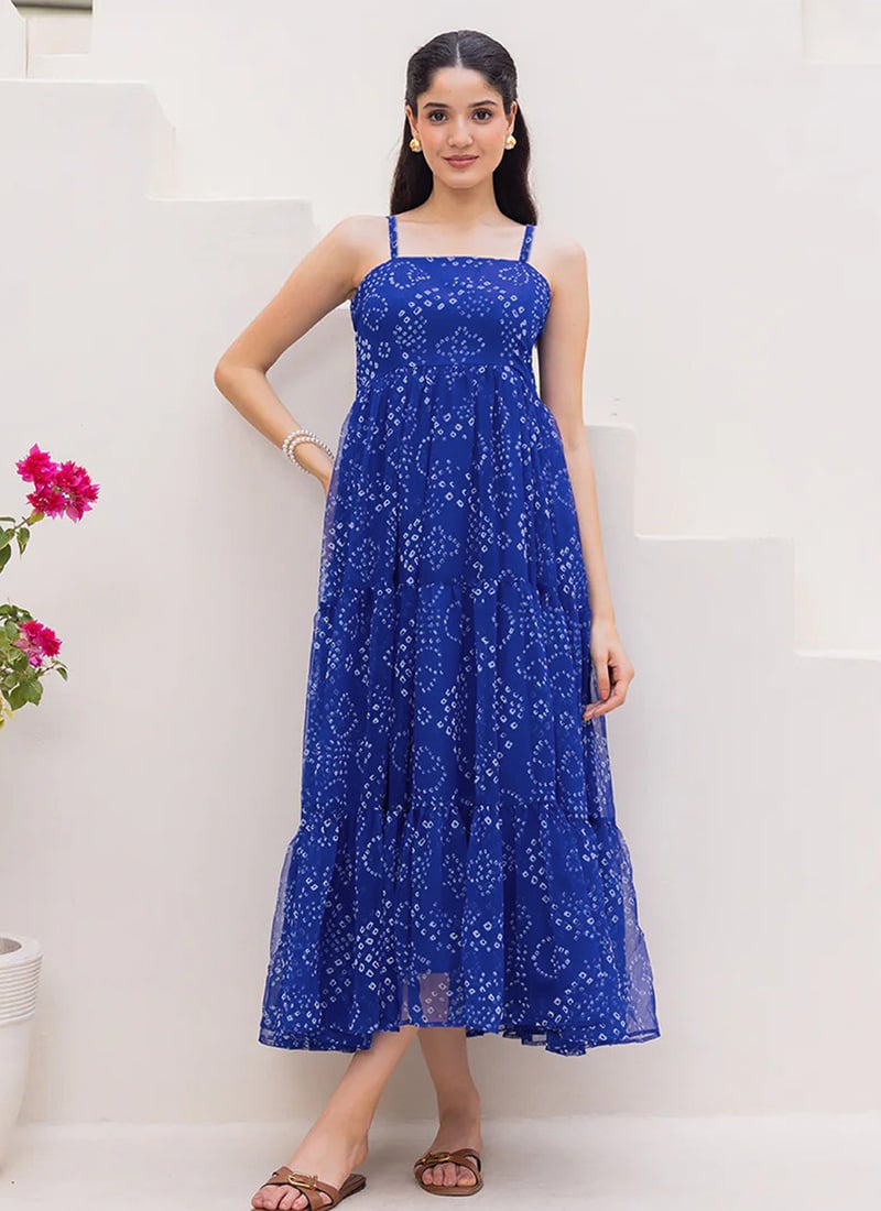 Blue Faux Georgette Digital Print Fit And Flare Dress After Six Wear